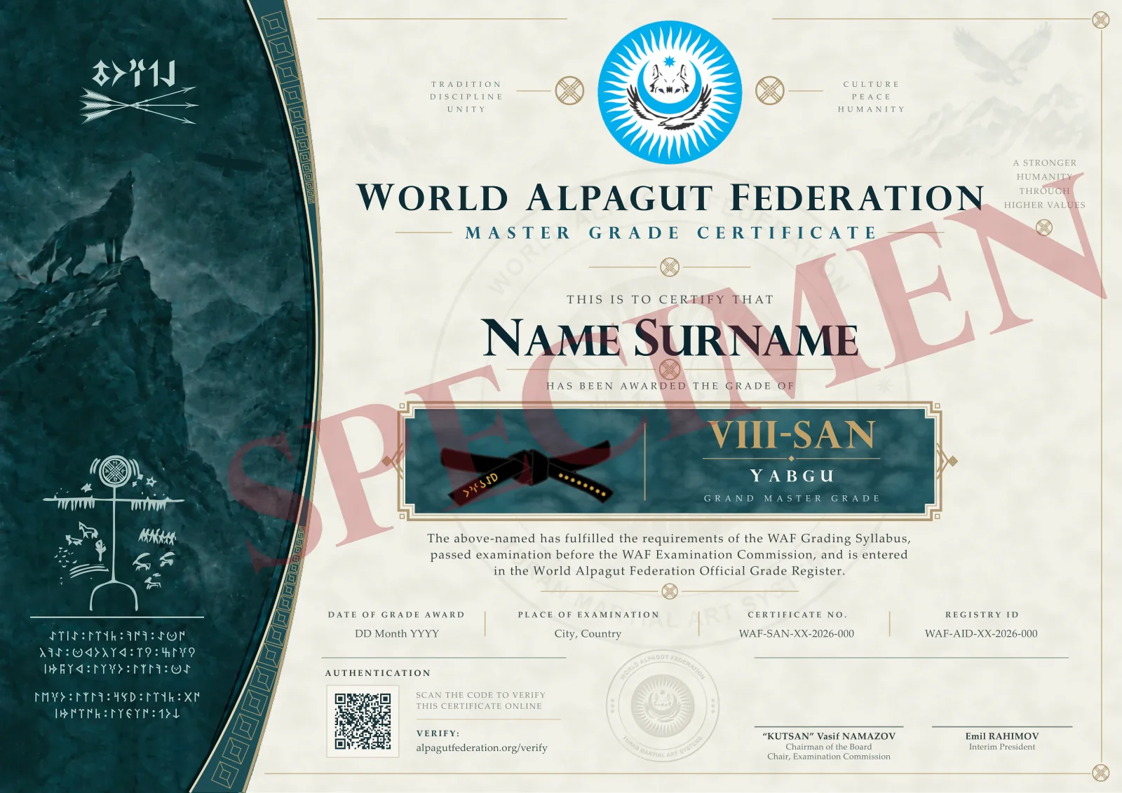 Specimen of a World Alpagut Federation Master Grade Certificate with its four verification points numbered
